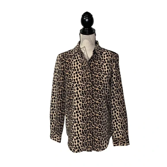 Zara S Leopard Button Down Shirt With Lace Shoulders - Picture 2 of 6